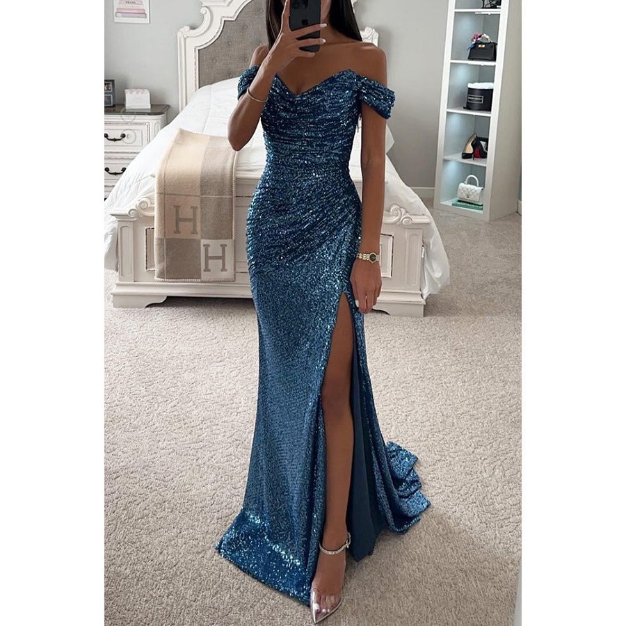 Off-Shoulder Sequin Maxi Dress with Slit for Women - View 11