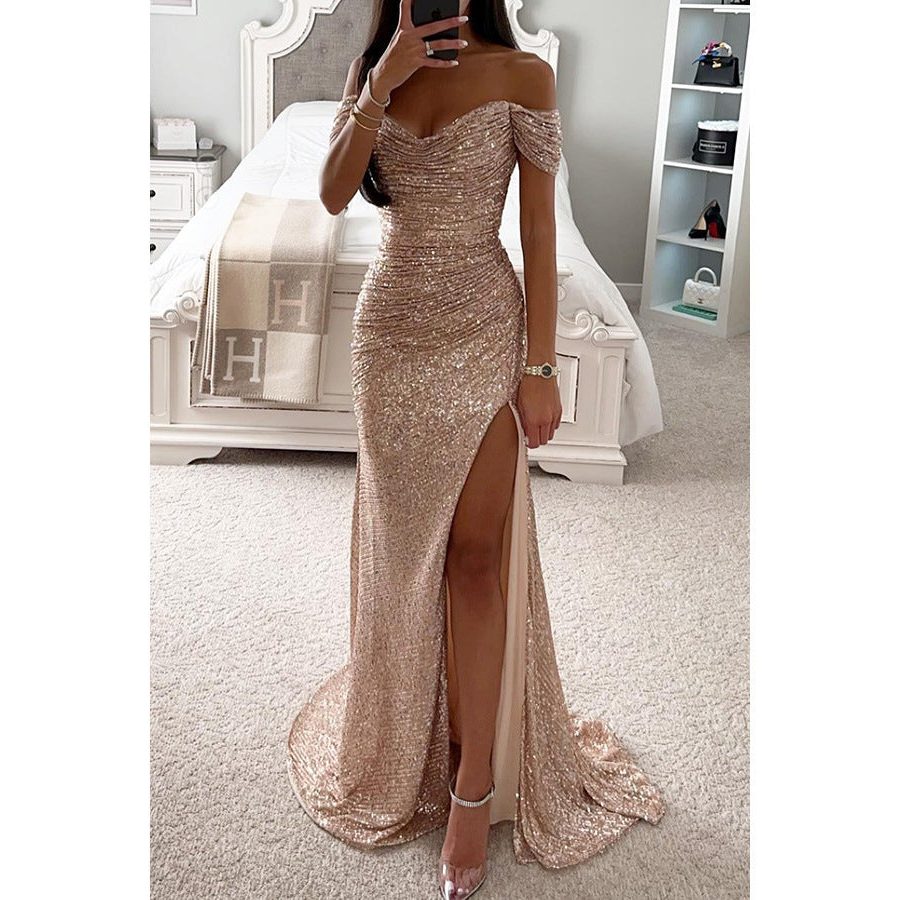 Off-Shoulder Sequin Maxi Dress with Slit for Women - View 13