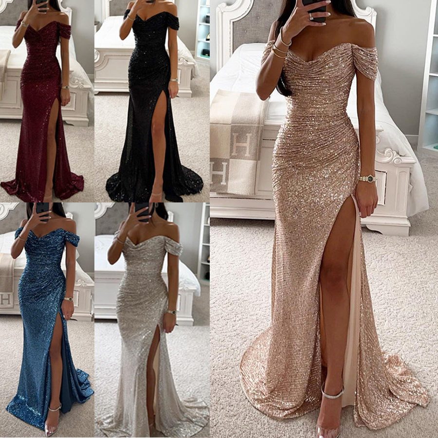 Off-Shoulder Sequin Maxi Dress with Slit for Women - View 15