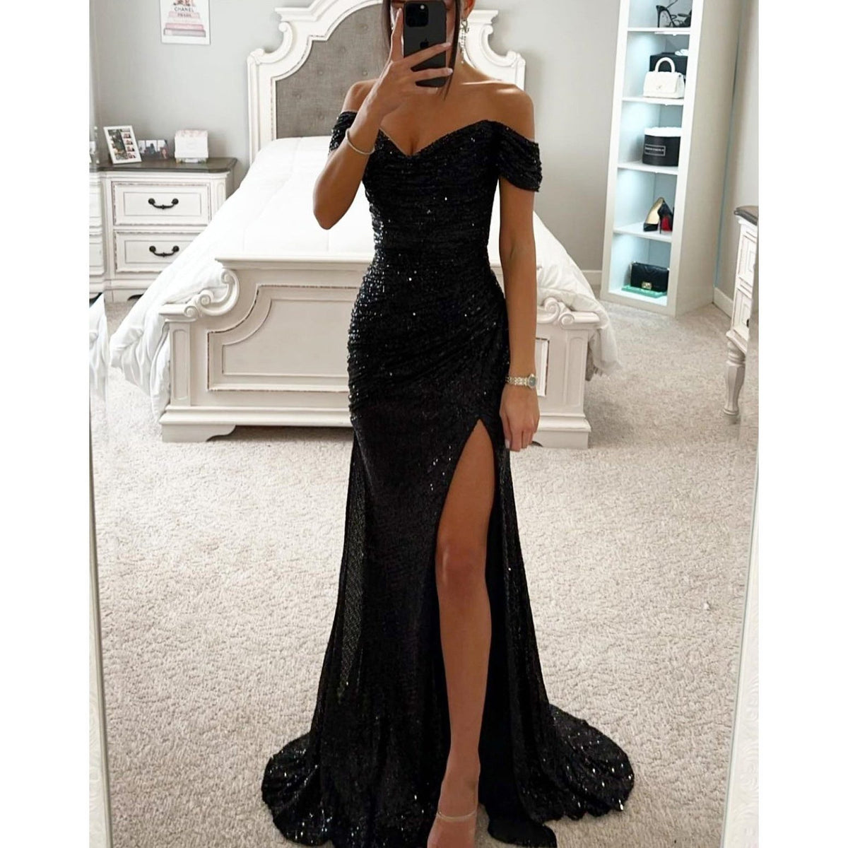 Off-Shoulder Sequin Maxi Dress with Slit for Women - Black