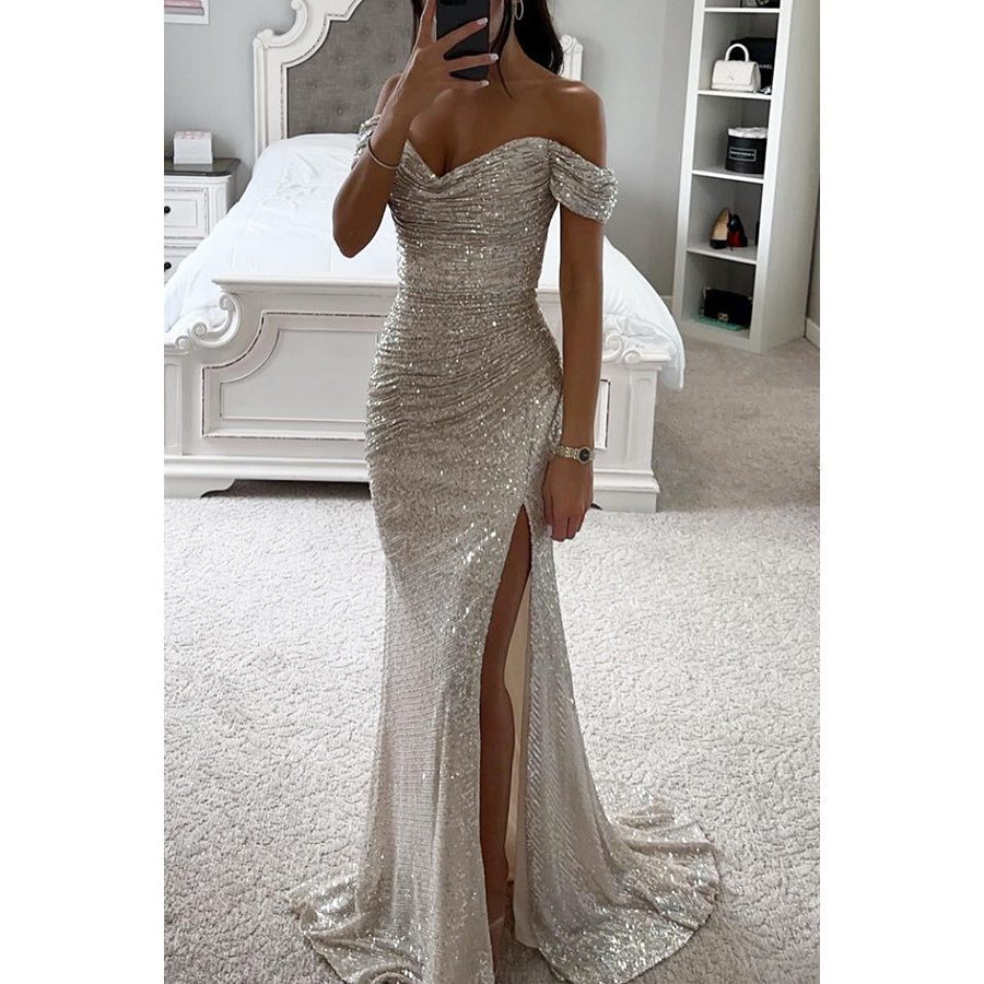Off-Shoulder Sequin Maxi Dress with Slit for Women - Silver