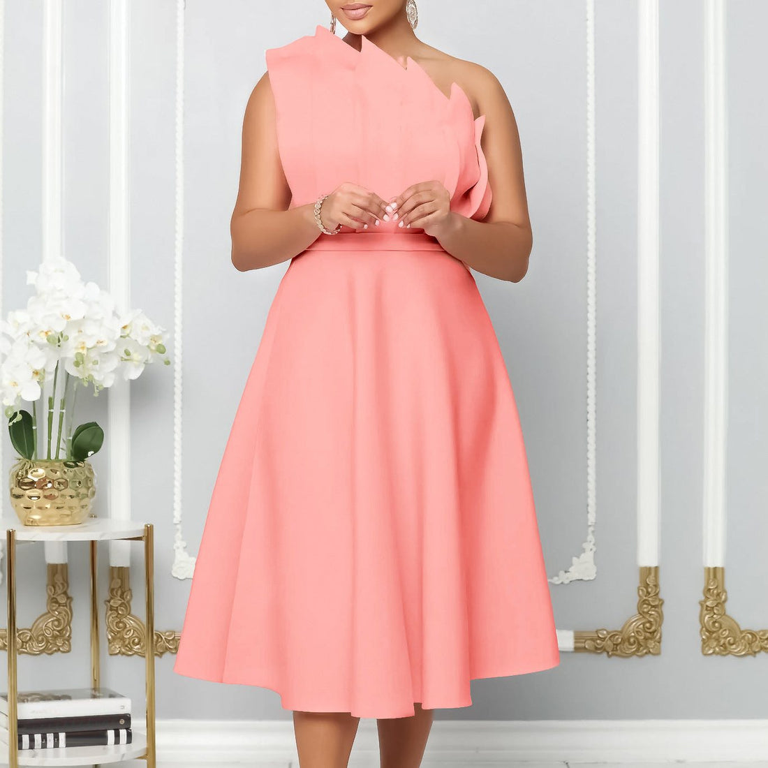 One-Shoulder A-Line Midi Dress for Women