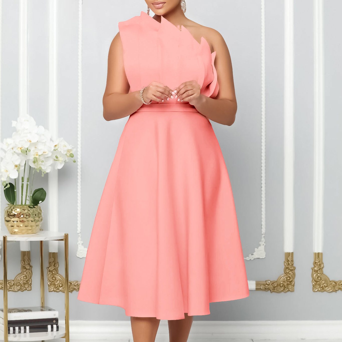 One-Shoulder A-Line Midi Dress for Women