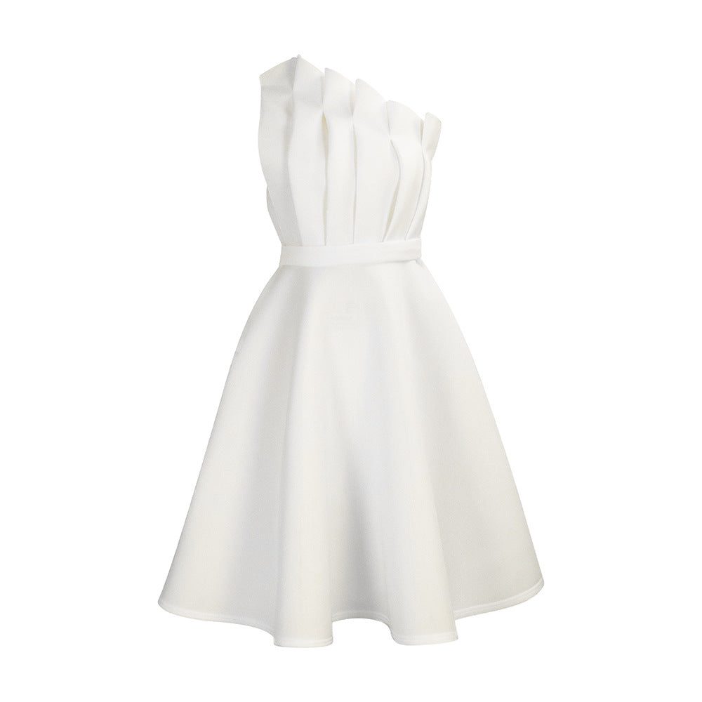 One Shoulder A-Line Midi Dress for Women - White