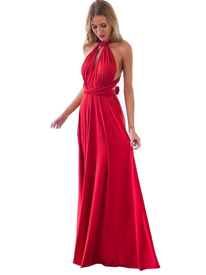 One-Shoulder Convertible Maxi Dress for Women - Red