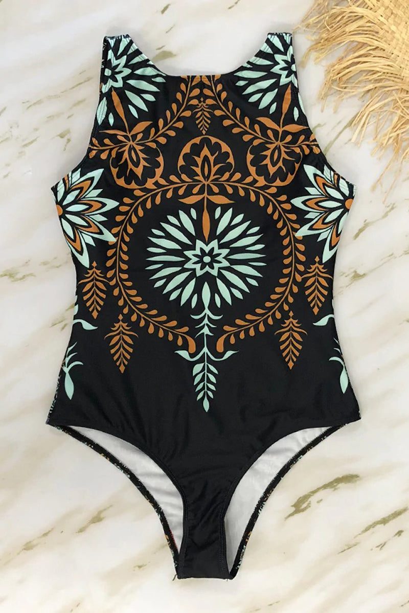 Ornamental Print One-Piece Swimsuit with High Neckline for Women