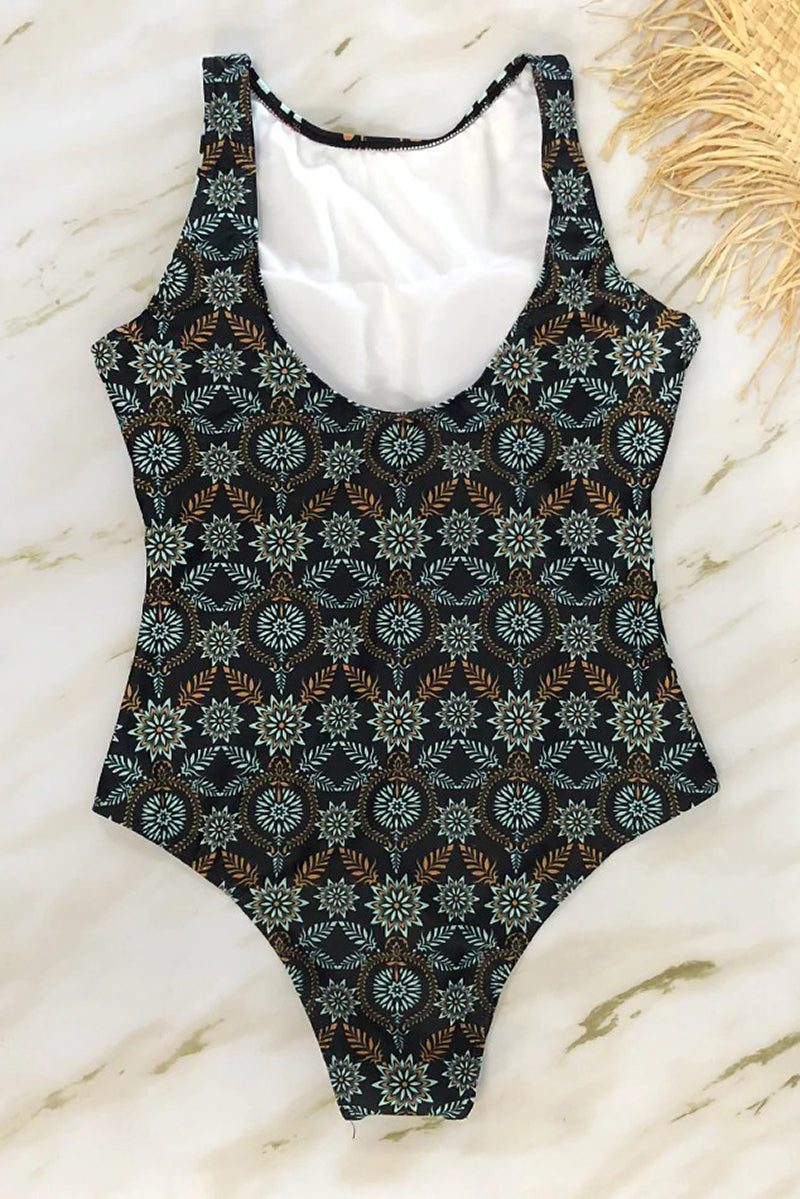 Ornamental Print One-Piece Swimsuit with High Neckline for Women
