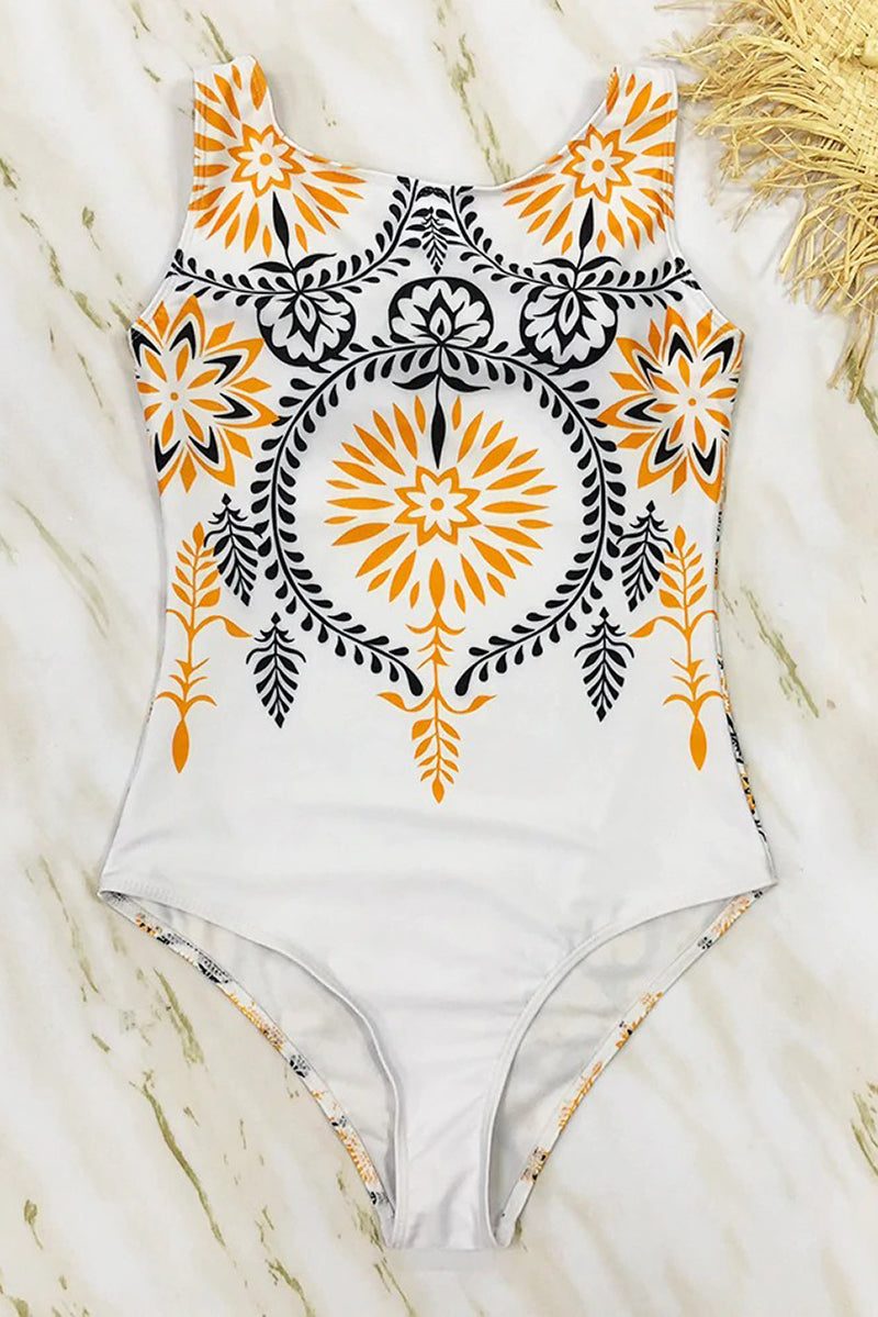 Ornamental Print One-Piece Swimsuit with High Neckline for Women