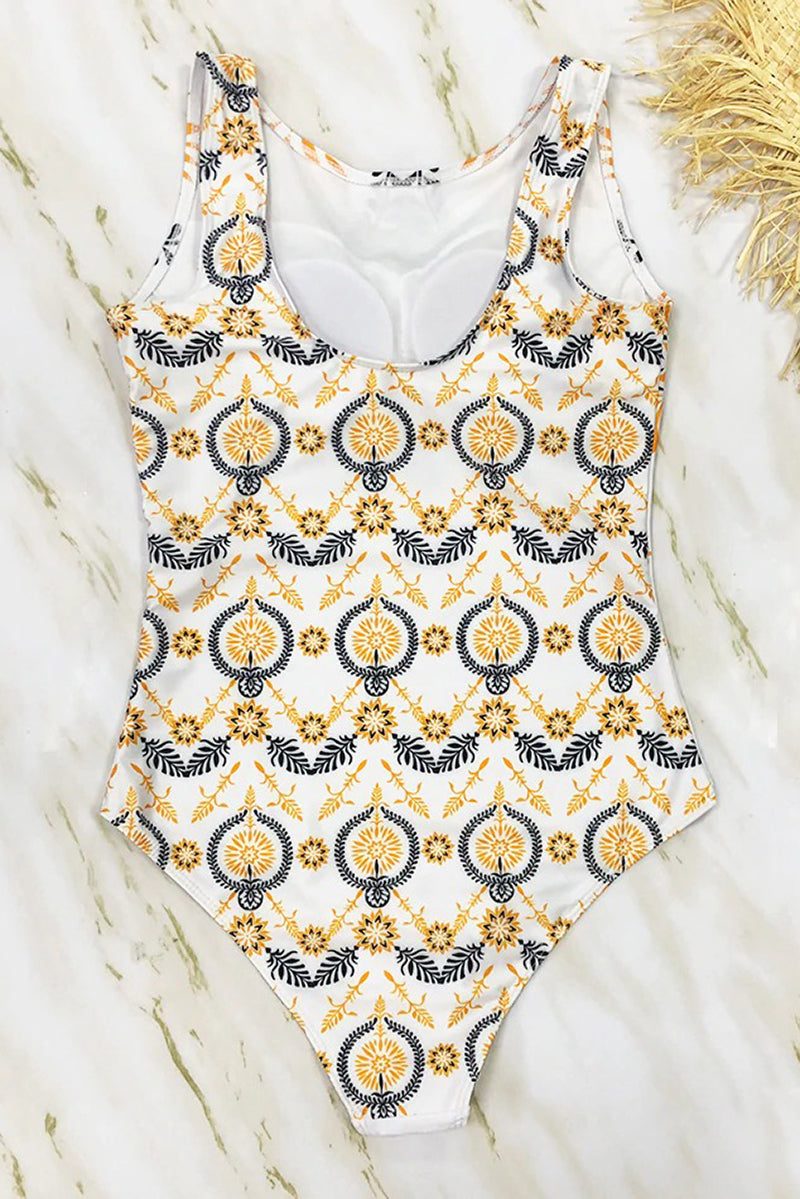 Ornamental Print One-Piece Swimsuit with High Neckline for Women