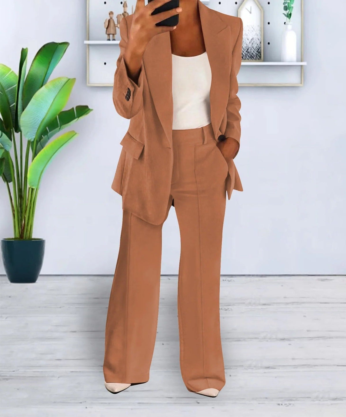 Oversized Blazer Suit Set for Women - Brown