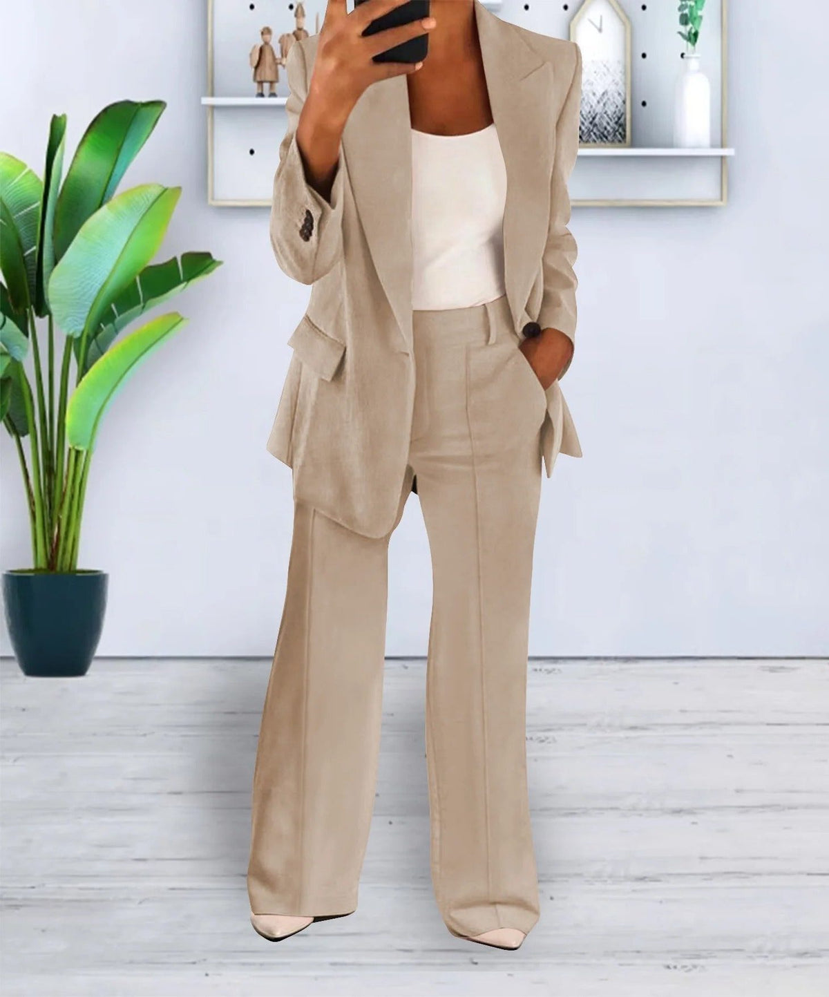 Oversized Blazer Suit Set for Women - Beige (2)