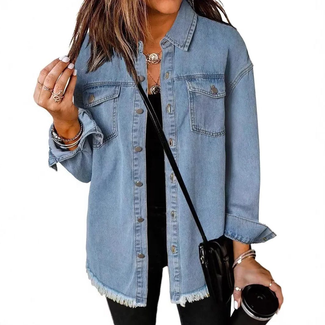 Oversized Button-Down Denim Shirt Jacket for Women
