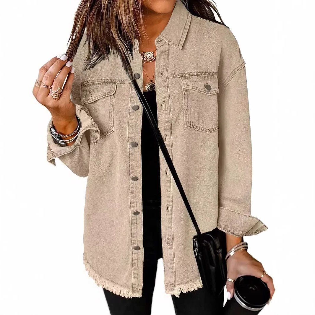 Oversized Button-Down Denim Shirt Jacket for Women