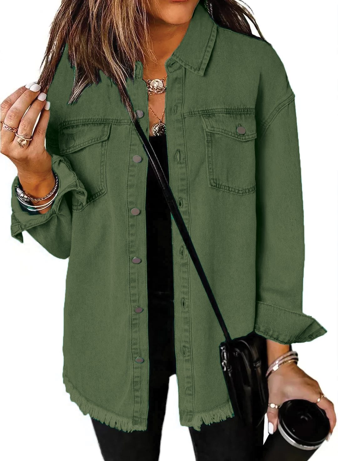 Oversized Button-Down Denim Shirt Jacket for Women