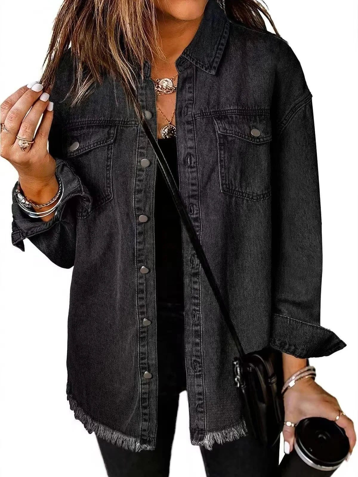 Oversized Button-Down Denim Shirt Jacket for Women
