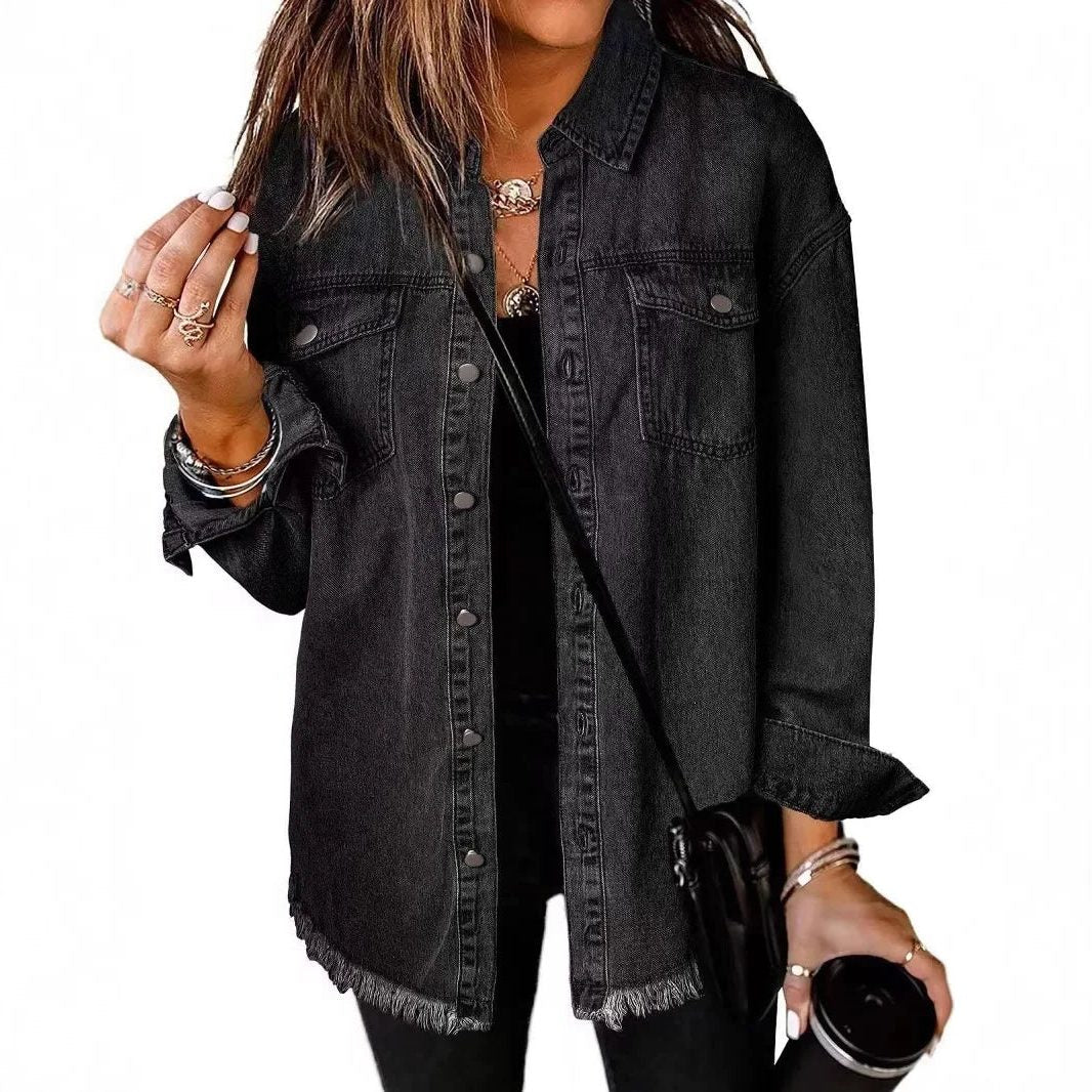 Oversized Button-Down Denim Shirt Jacket for Women