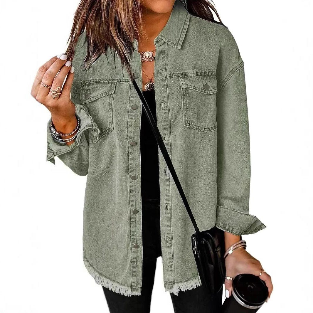 Oversized Button-Down Denim Shirt Jacket for Women