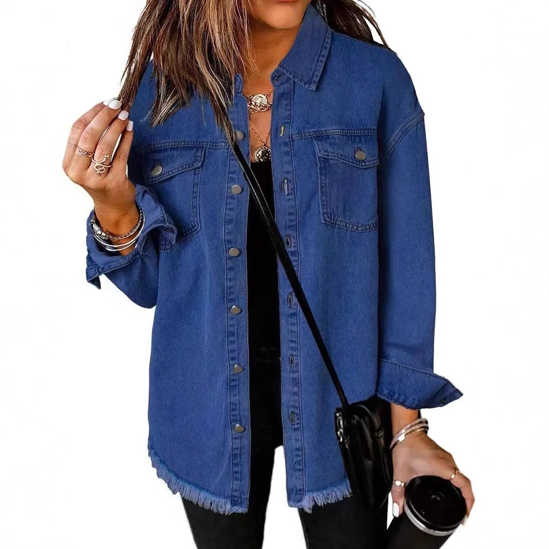 Oversized Button-Down Denim Shirt Jacket for Women