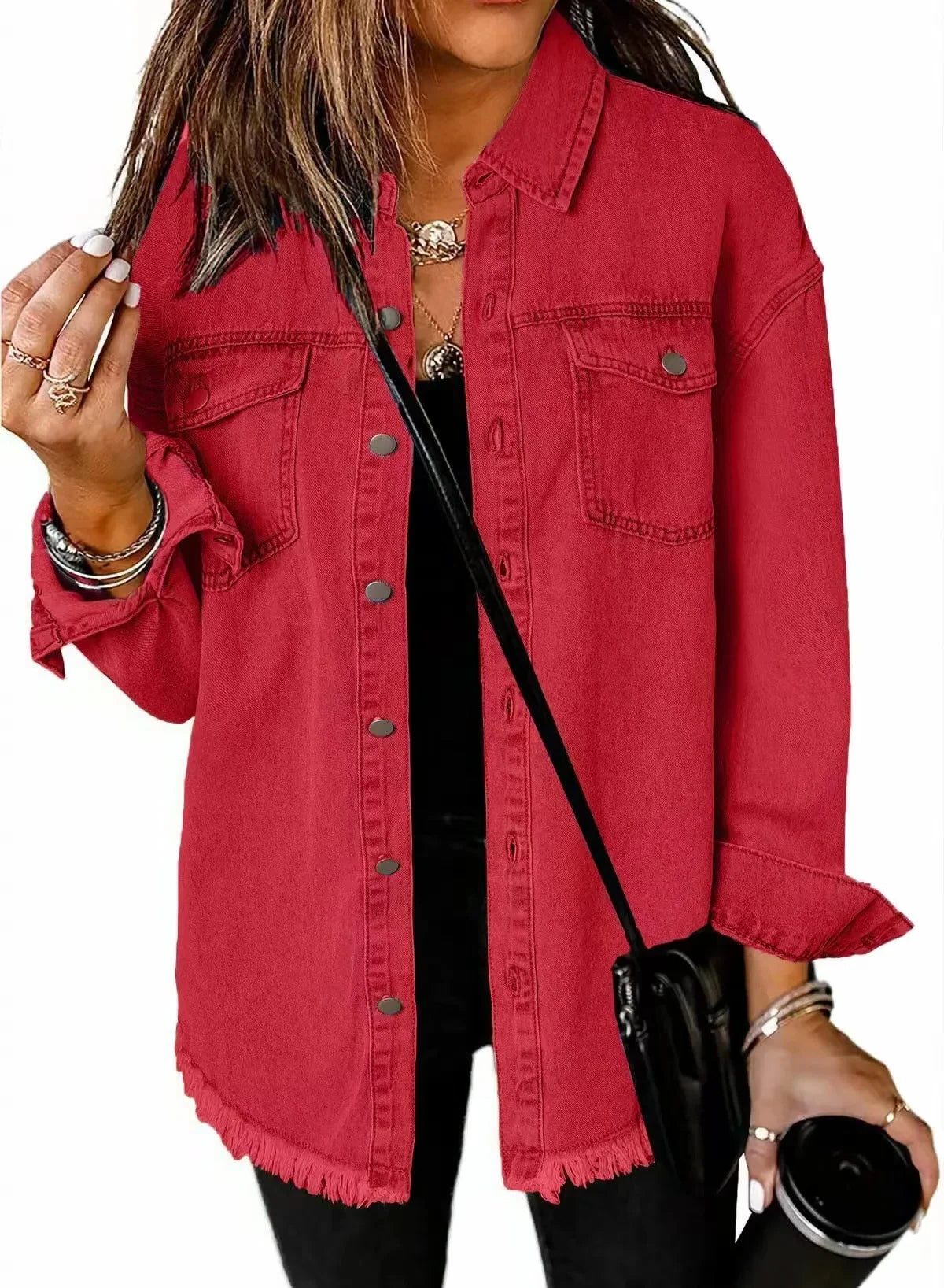 Oversized Button-Down Denim Shirt Jacket for Women