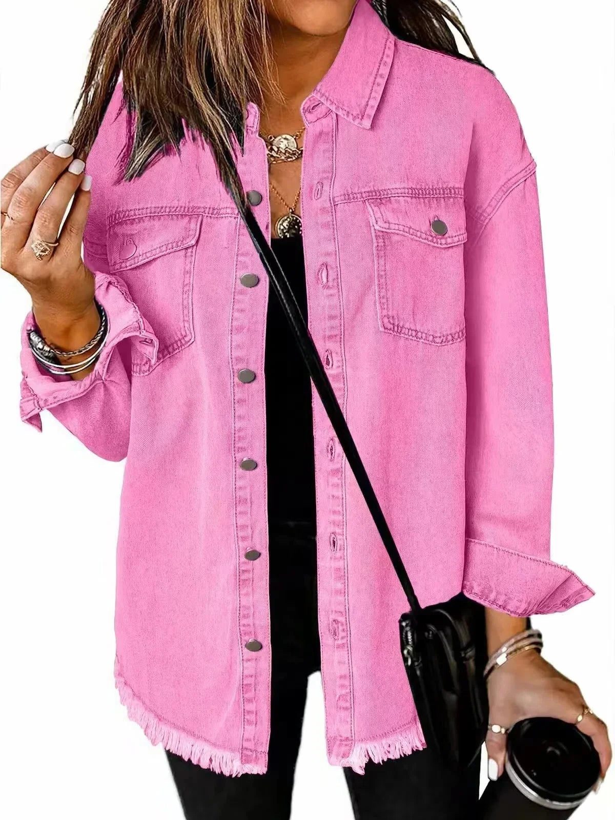 Oversized Button-Down Denim Shirt Jacket for Women