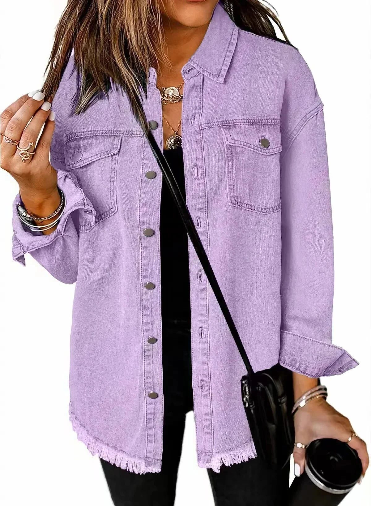 Oversized Button-Down Denim Shirt Jacket for Women