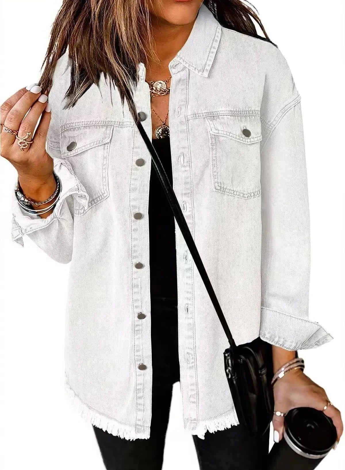Oversized Button-Down Denim Shirt Jacket for Women