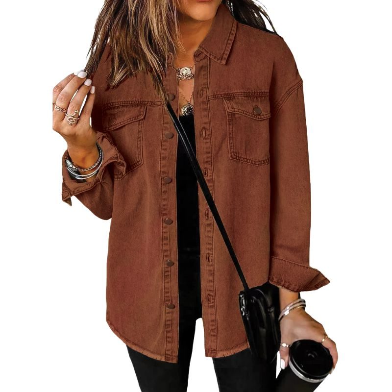 Oversized Button-Down Denim Shirt Jacket for Women