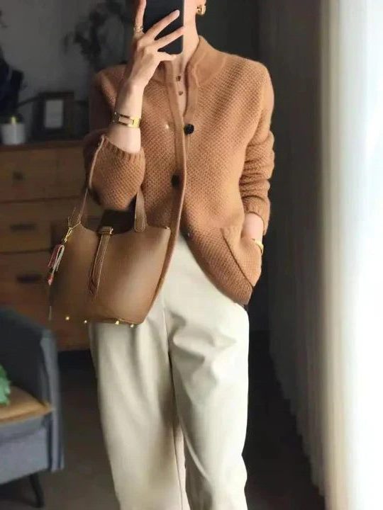 Oversized Button-Down Knit Cardigan for Women - Brown