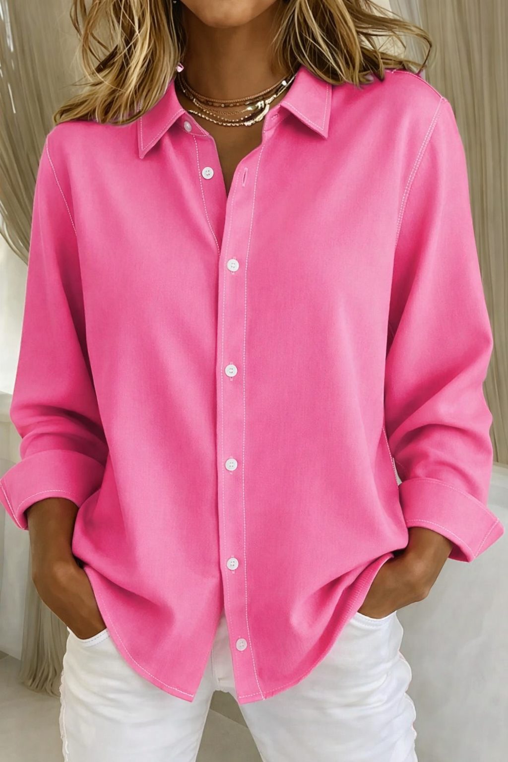 Oversized Button-Down Blouse with Long Sleeves for Women