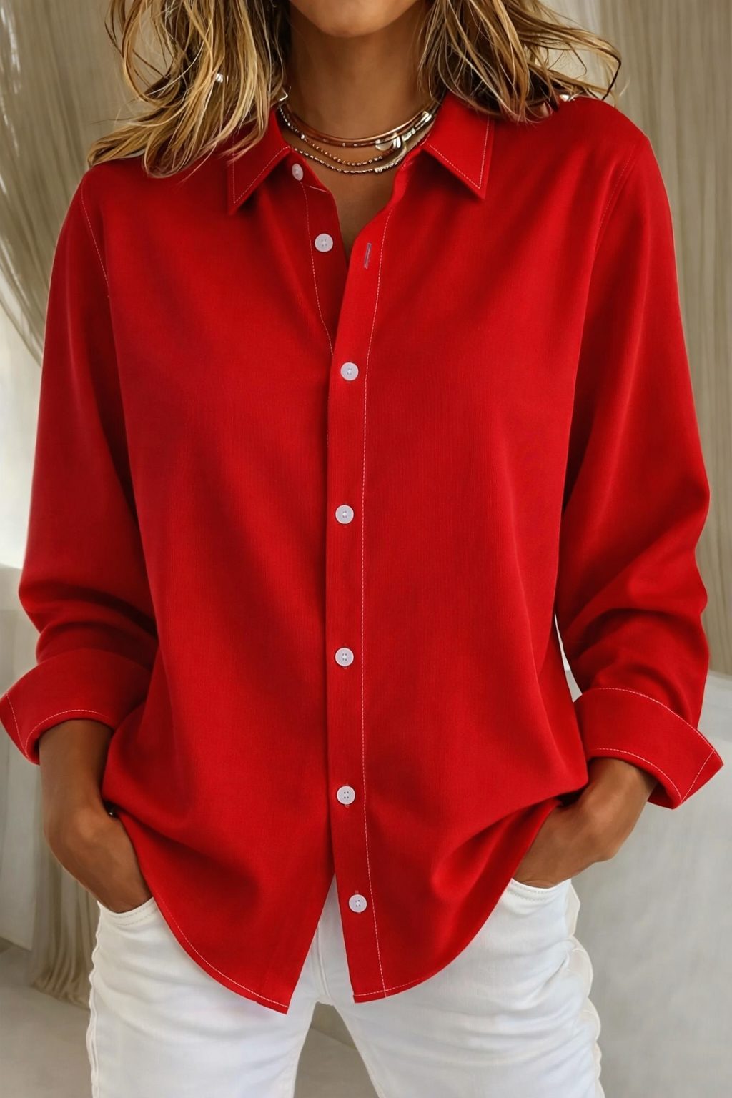 Oversized Button-Down Blouse with Long Sleeves for Women