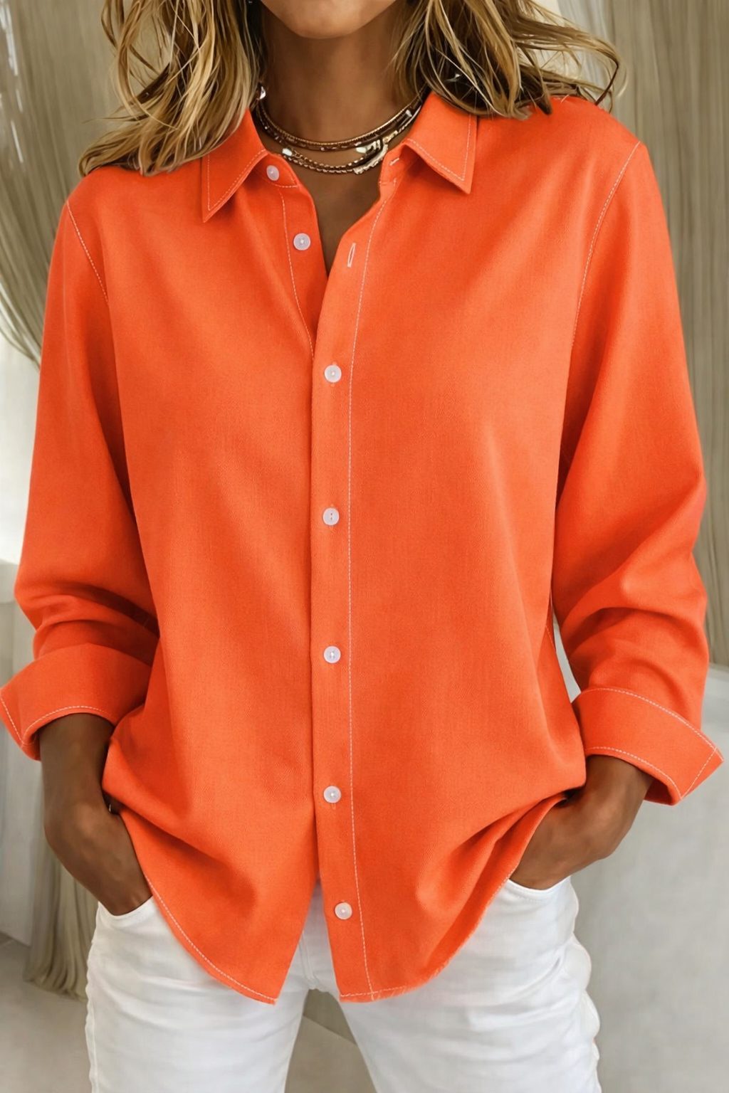 Oversized Button-Down Blouse with Long Sleeves for Women