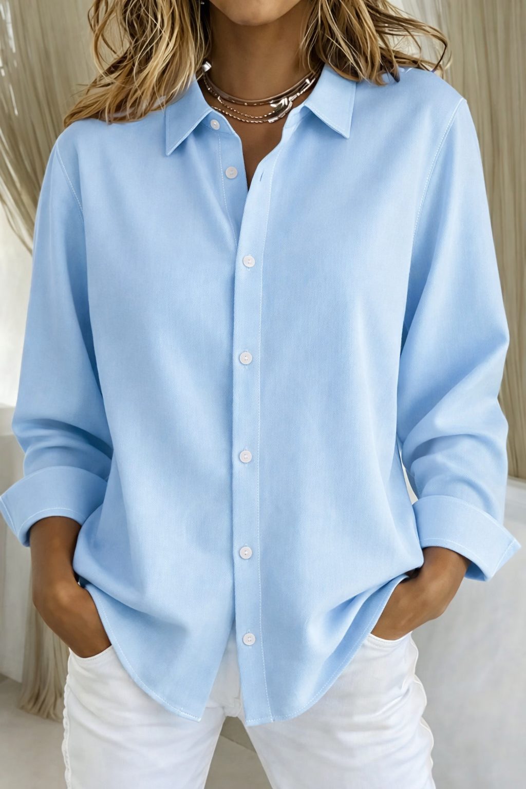 Oversized Button-Down Blouse with Long Sleeves for Women