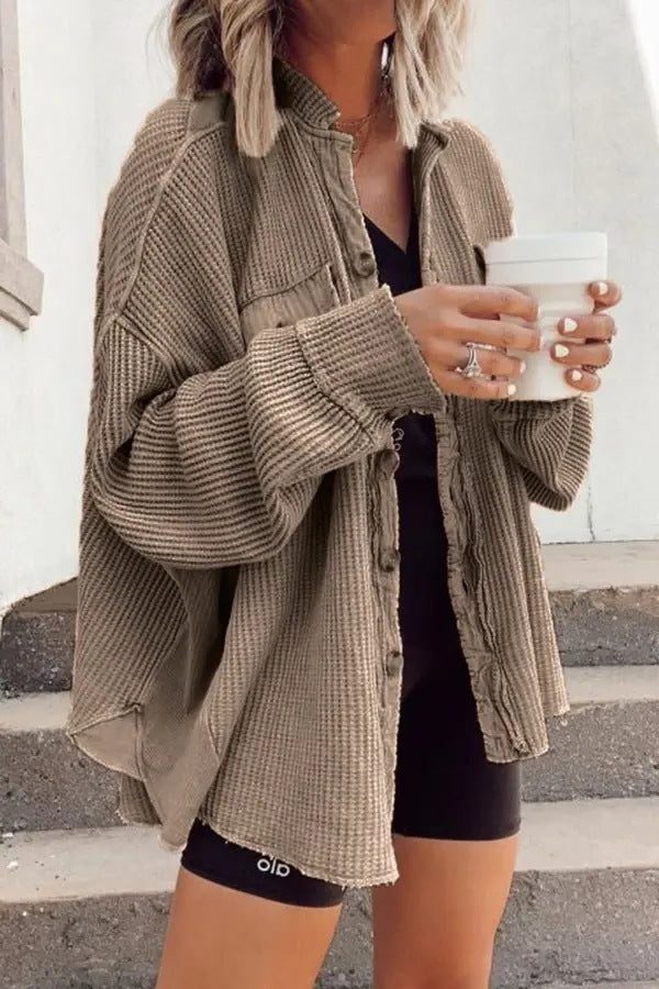 Oversized Button-Down Shirt Jacket for Women - Khaki