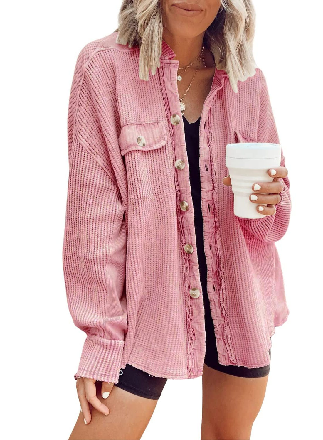 Oversized Button-Down Shirt Jacket for Women - View 3