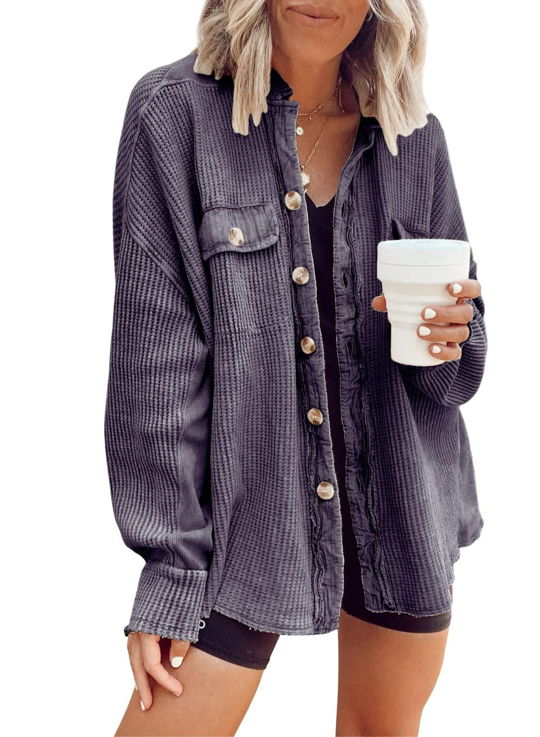 Oversized Button-Down Shirt Jacket for Women - View 7