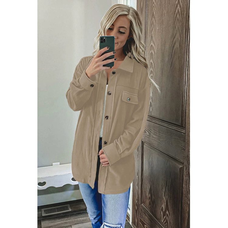 Oversized Button-Up Shirt Jacket for Women - Khaki