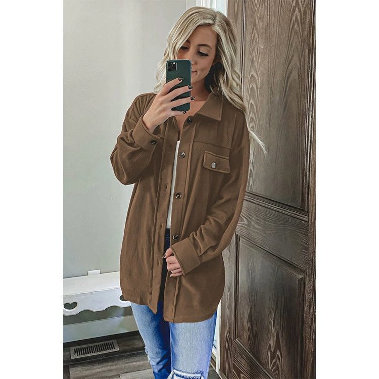 Oversized Button-Up Shirt Jacket for Women - Brown