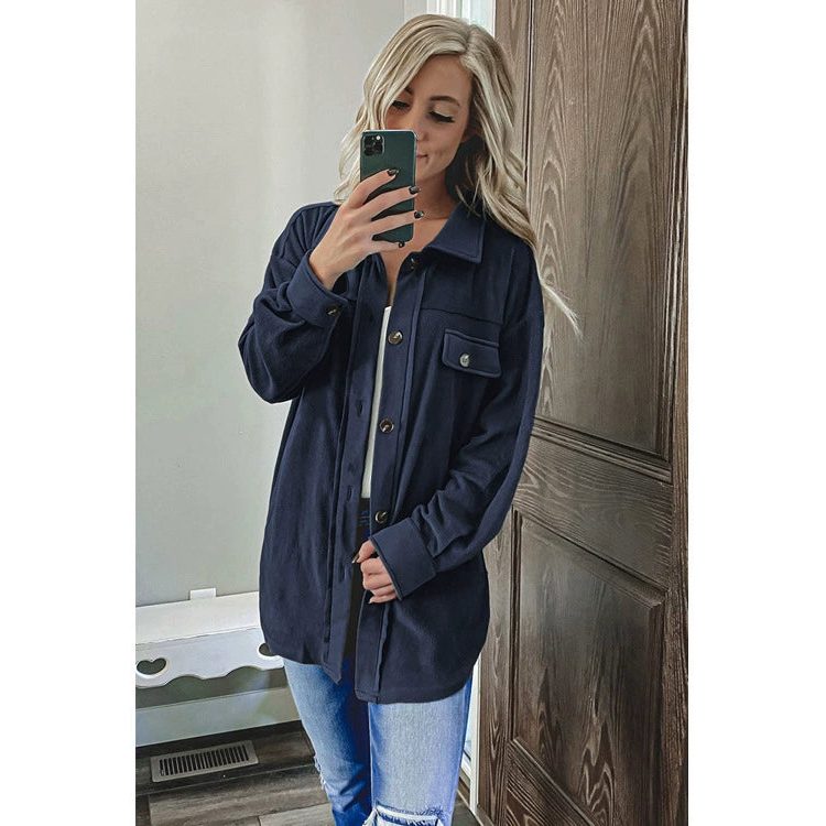 Oversized Button-Up Shirt Jacket for Women - Navy Blue