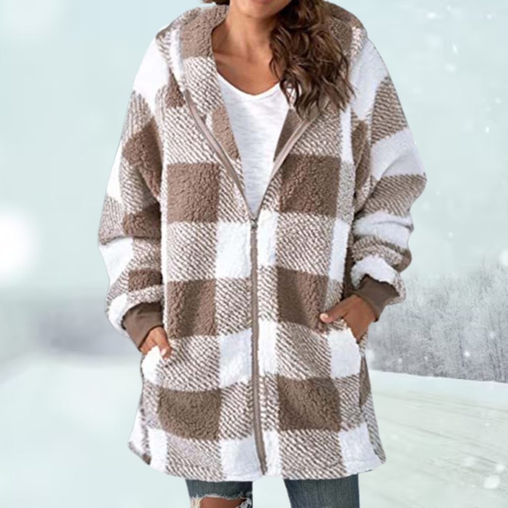 Oversized Checked Zip-Up Jacket with Hood for Women