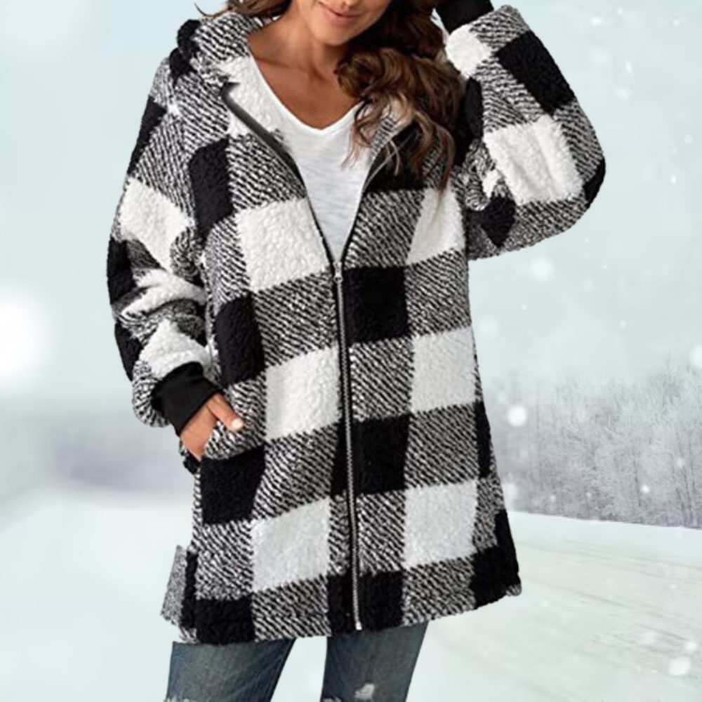 Oversized Checked Zip-Up Jacket with Hood for Women
