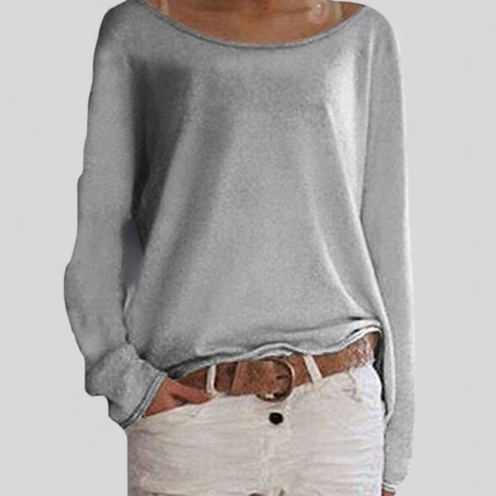 Oversized Crew Neck Knit Pullover for Women - Gray