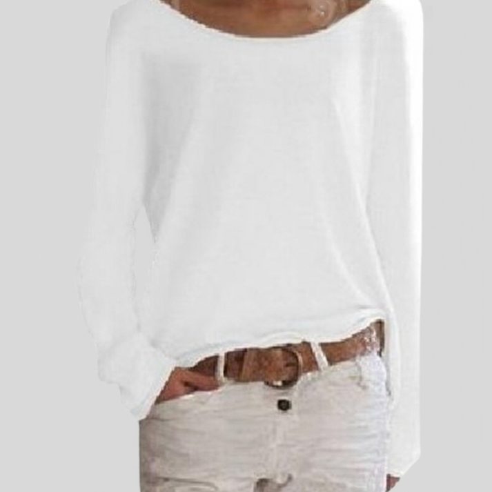 Oversized Crew Neck Knit Pullover for Women - White