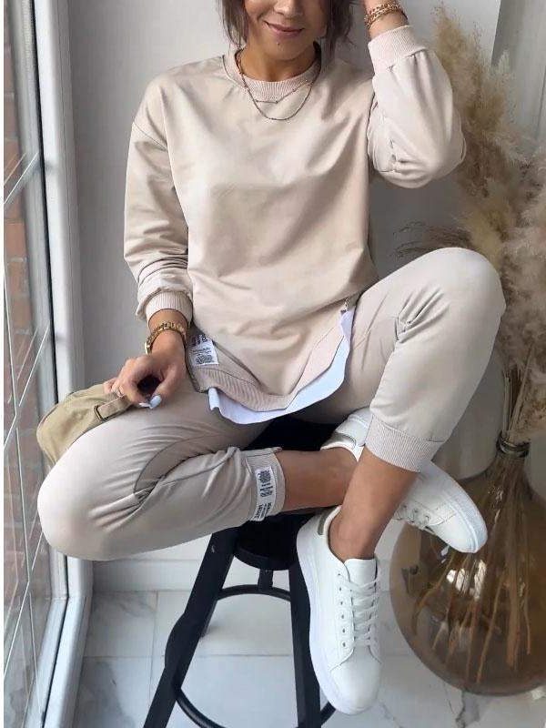 Oversized Crewneck Sweatshirt and Jogger Set for Women - Khaki