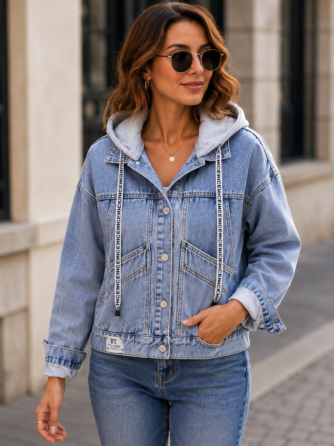 Oversized Denim Jacket with Hood for Women