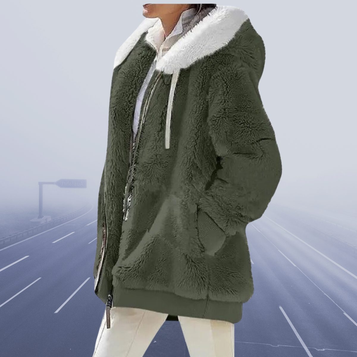 Oversized Fleece-Lined Hooded Teddy Jacket for Women - Olive