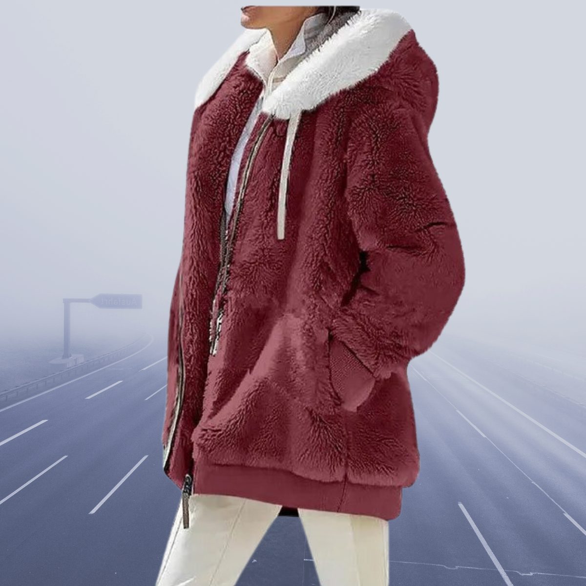 Oversized Fleece-Lined Hooded Teddy Jacket for Women - Burgundy