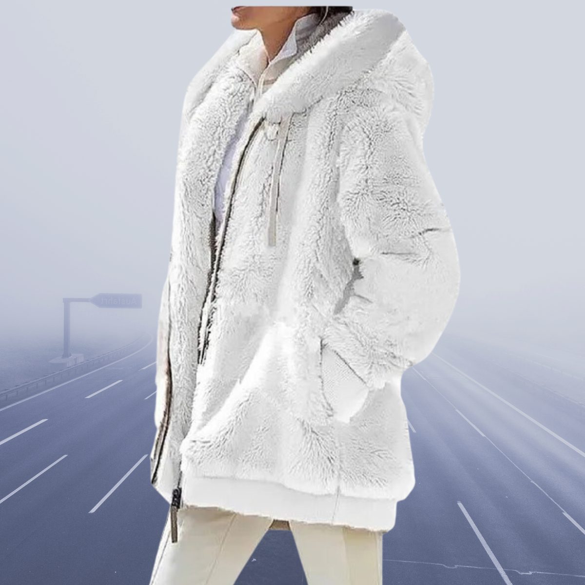 Oversized Fleece-Lined Hooded Teddy Jacket for Women - Snow White