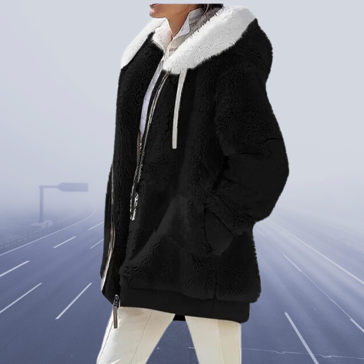 Oversized Fleece-Lined Hooded Teddy Jacket for Women - Black