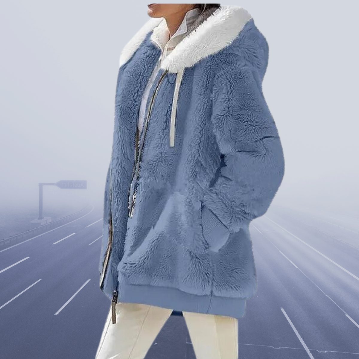 Oversized Fleece-Lined Hooded Teddy Jacket for Women - Navy Blue