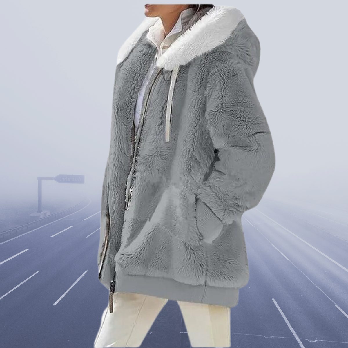Oversized Fleece-Lined Hooded Teddy Jacket for Women - Light Grey